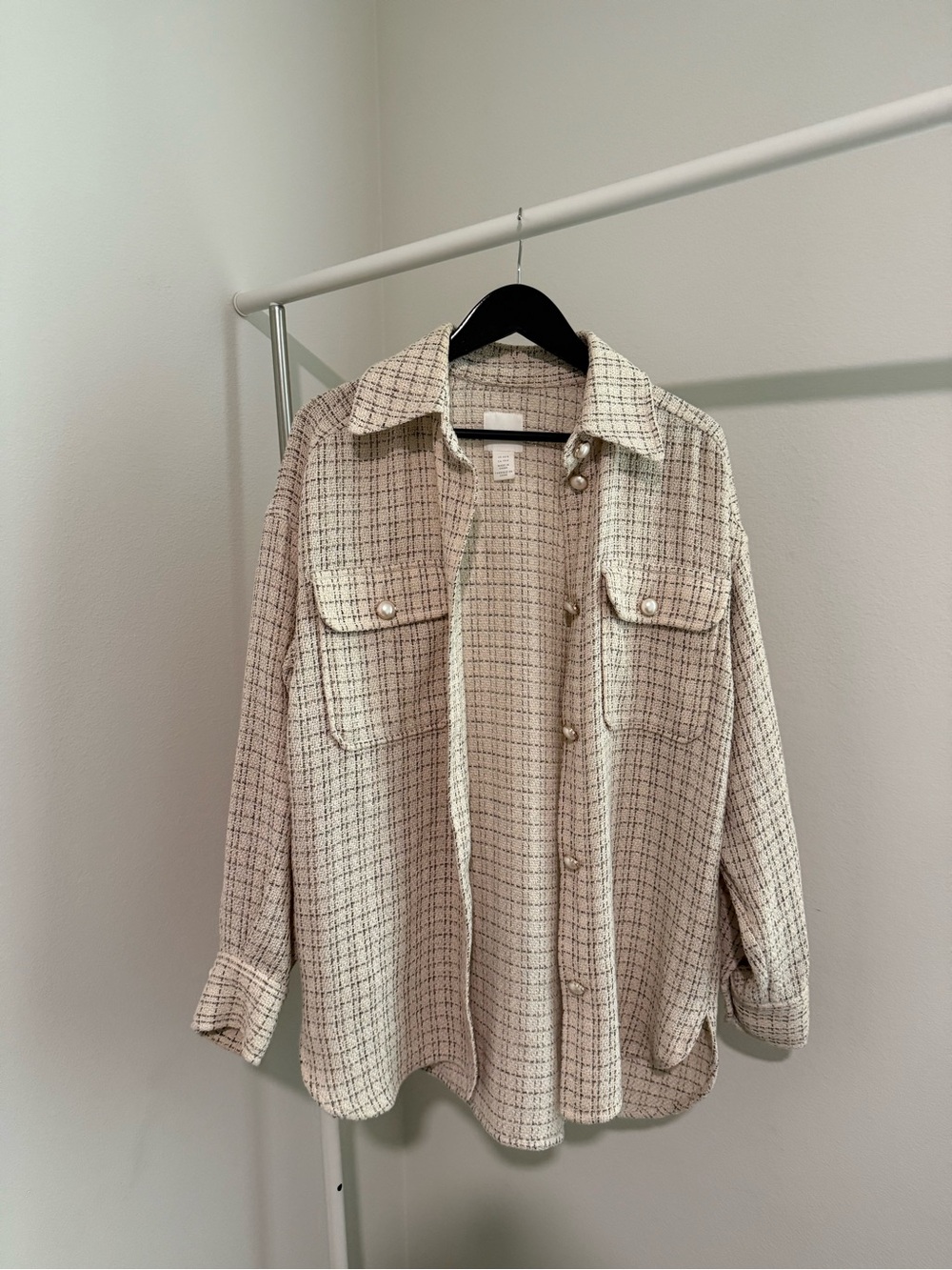 H&M Cream and Black Checked Button-Down Shirt Jacket